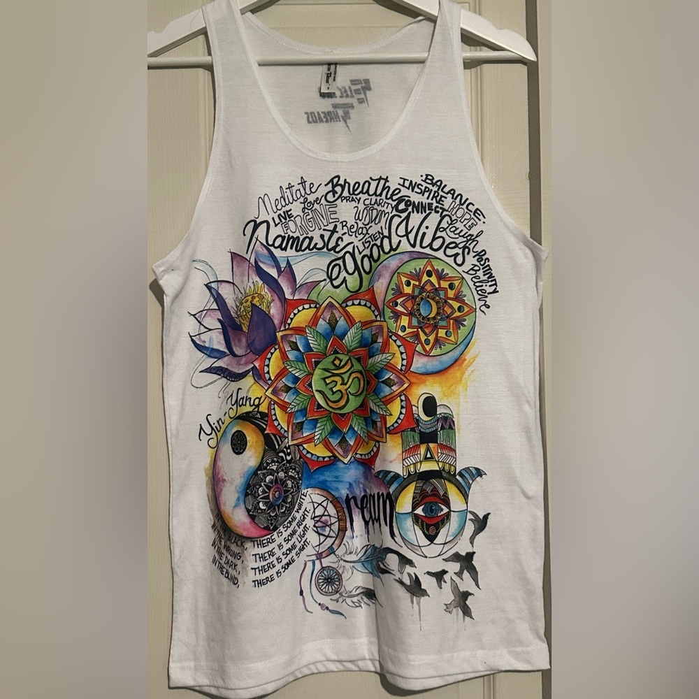 White Graphic Tank Top with Colorful Mandala Design